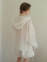 白色日焼け防止フード付き薄手ジャケット【ゆったりデザイン・ジッパー式・ラルフパンツ付き】（セットアップ対応）