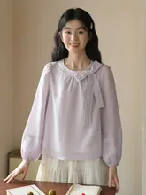 淡い紫色のレースリボン付き長袖シャツ【麻と天絲使用・秋用・ルーズフィット】