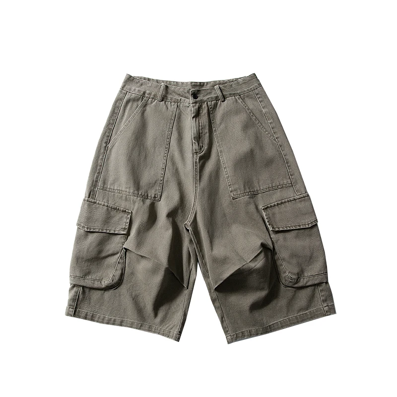 夏用 アメリカンレトロ ウォッシュコットン 多ポケット ワイドレッグ ハーフパンツ【ユニセックス・フィット】（セットアップ対応）