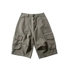 夏用 アメリカンレトロ ウォッシュコットン 多ポケット ワイドレッグ ハーフパンツ【ユニセックス・フィット】（セットアップ対応）