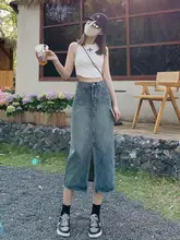 ハイウエストデザインのデニムタイトスカート【スリット入り・Aライン・夏用・女性用】（セットアップ対応）