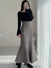 高腰フィッシュテールスカート【伸縮性・シンプルデザイン・後ろスリット】（セットアップ対応）
