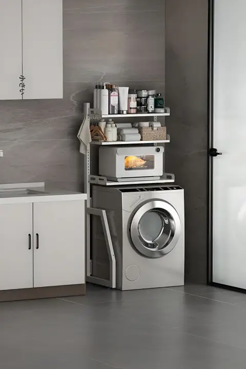 洗濯機用収納ラック【電子レンジ・ゴミ箱置き・洗面器収納可・バルコニーやバスルーム用】