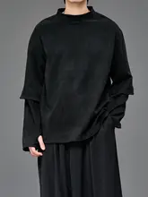 ハーフタートルネック 長袖Tシャツ ユニセックス フェイクレイヤード インナー ダーク系 アーティスティック デザイン性 春 秋