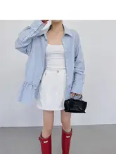 フランス風ブルー縞模様の薄手長袖シャツ【秋用・レディース】