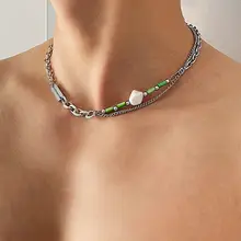 玉石と竹節デザインのタイタンスティールネックレス【メンズ用・ダブルロックネックレス】