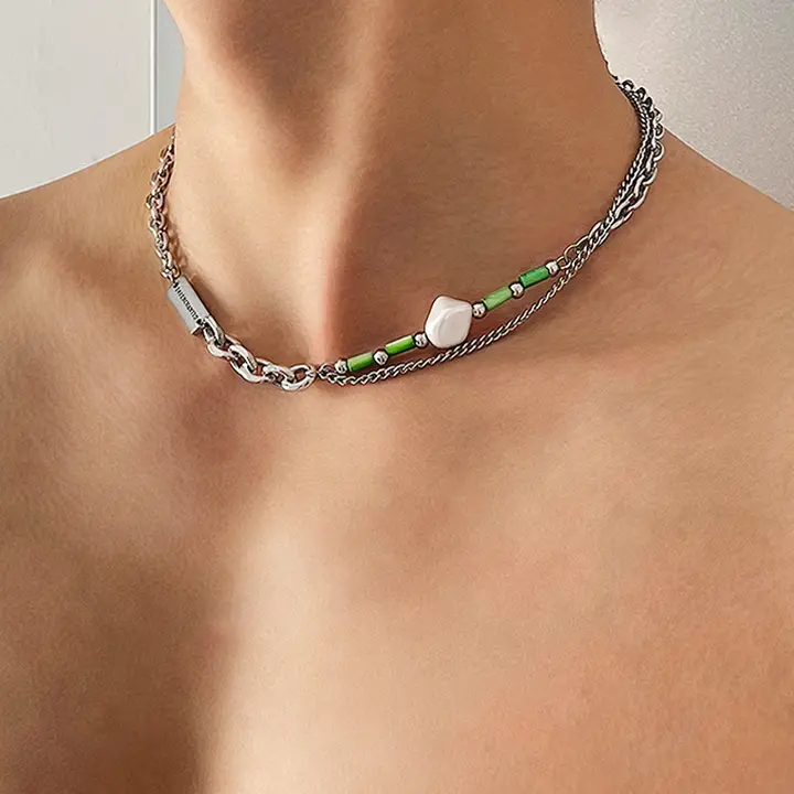 玉石と竹節デザインのタイタンスティールネックレス【メンズ用・ダブルロックネックレス】