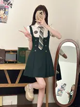 夏用ウエスト絞りデザインのモスグリーンJK制服風ワンピース【学院風・半袖】