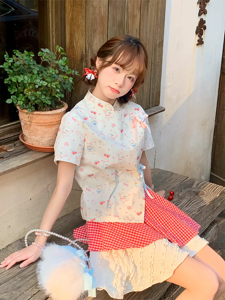小犬プリントの夏用短袖トップスとスカート【新中式・フレッシュデザイン】（セットアップ対応）