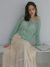春季用 蝶結びデザインの薄手ニットトップス【緩やかフィット・長袖・透かし編み】