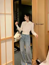 浅いブルーの高腰ゆったりデニムパンツ【冬用・女性用・カジュアル・ストレート】