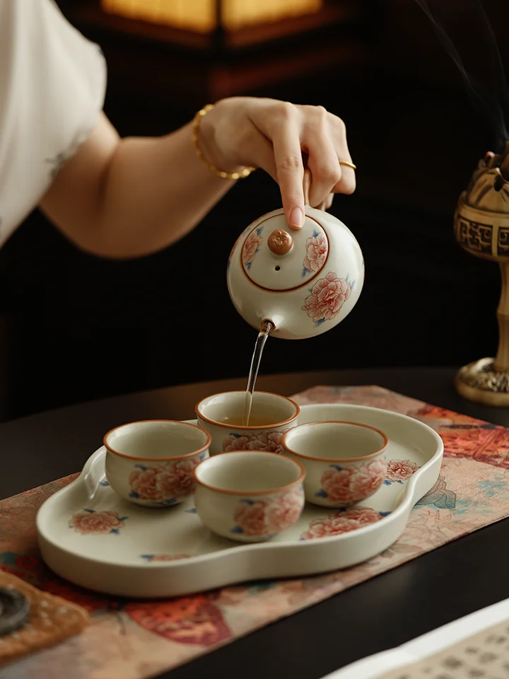 高級 芙蓉花デザインの茶具【汝窯風・ギフト向け・女性用】（セットアップ対応）