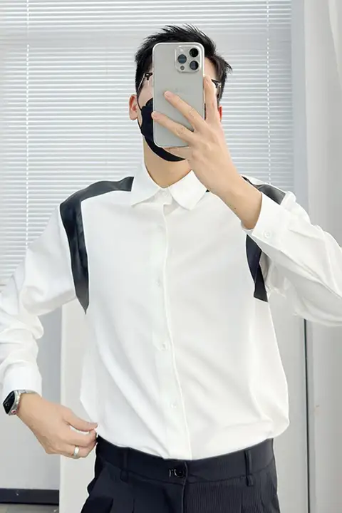 春秋用の韓国風ワイド長袖白シャツ【カジュアル・レザー切替デザイン】