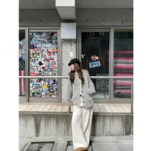 リブ編みのスタンドカラー ニットカーディガン【ボタン付き・レトロデザイン・秋用・カジュアル】