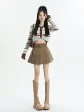 高ウエストコーデュロイAラインプリーツスカート【レトロデザイン・女性用】