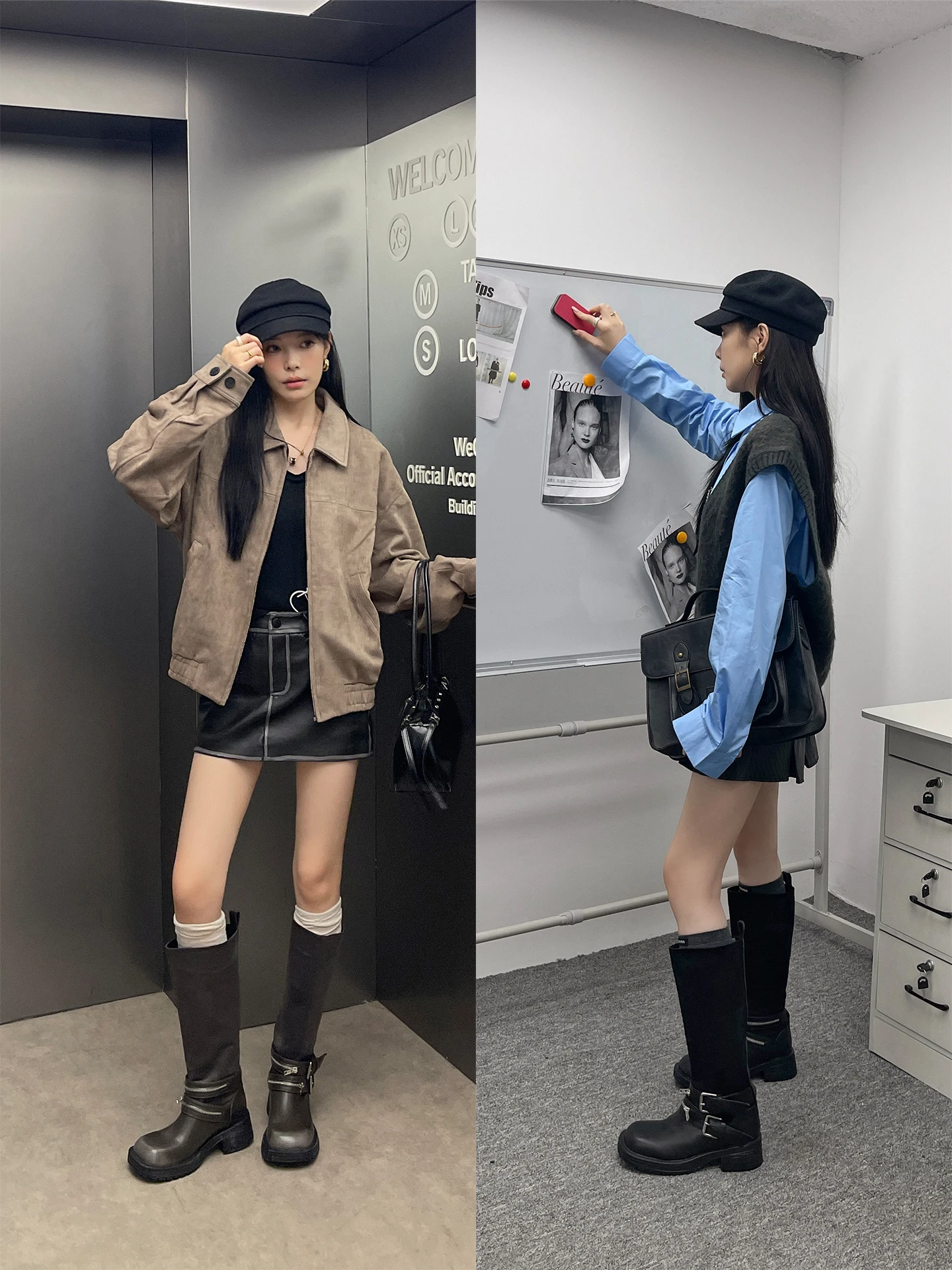 厚底の長筒ブーツ：レトロデザインとバックルが特徴の女性用ファッションブーツ