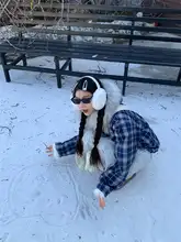 195大喜 チェック柄ショートコットンジャケット【フェイクファー・フィット・冬用】