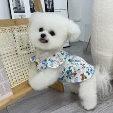 夏用 ペット用ワンピース【クマ柄・フリル袖・ボタン付き・テディベア・猫用】