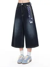 レトロ風 デザイン感のあるワイドレッグ七分丈パンツ【女性用・ゆったり・シンプル】