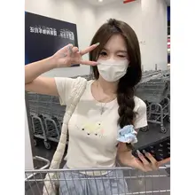 カートゥーン刺繍入り 短袖Tシャツ【ウエストシェイプ・コットン製】