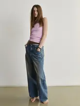 ROHEME ヴィンテージブルー レディース ワイドストレートジーンズ【春秋用・高級感・純棉】