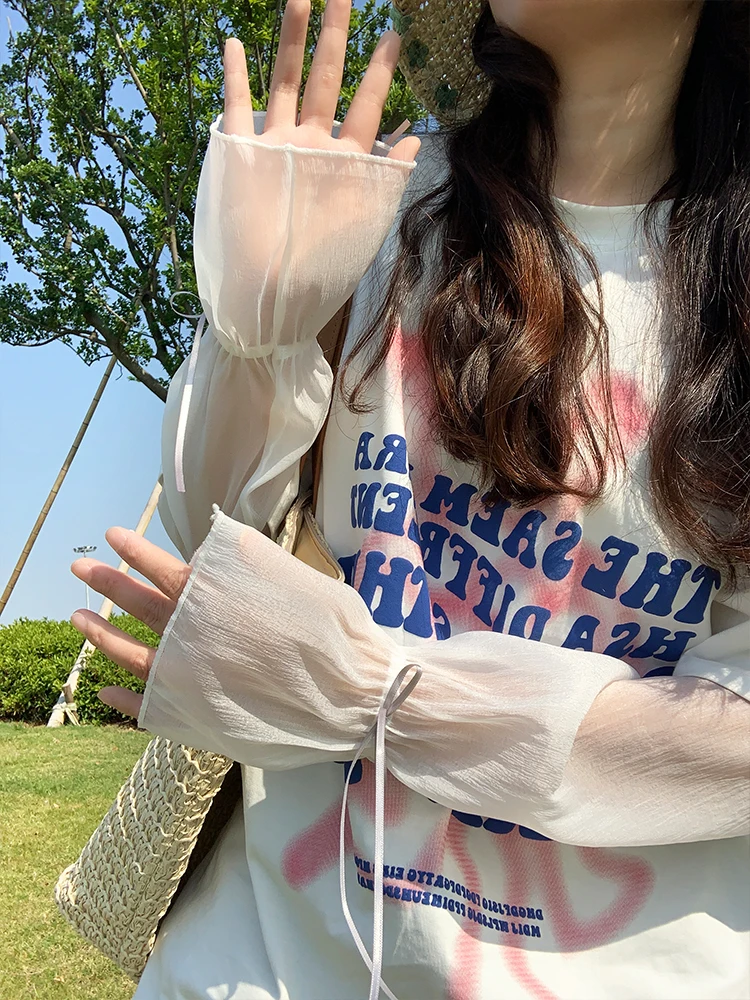 リボン付き日焼け防止アームカバー：UVカット・通気性に優れたバレエスタイルの長袖対策アイテム