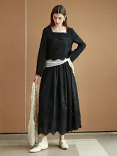 黒のレース刺繍バンドカラー長袖ブラウス【女性用・フレンチスタイル・エレガントデザイン】