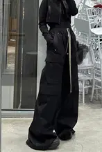 GethBela メンズ ワイドレッグカーゴパンツ【多ポケット・ブラック・ロング丈】