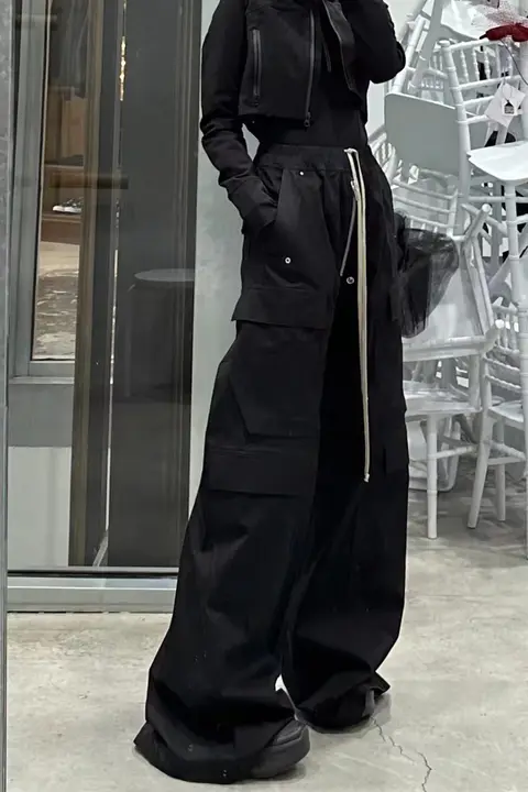 GethBela メンズ ワイドレッグカーゴパンツ【多ポケット・ブラック・ロング丈】