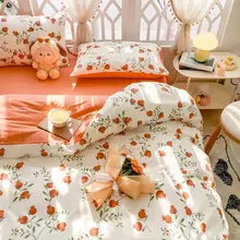 レトロな田園風デザインの小石榴柄全棉四点セット【ダブルサイズ・ベッドシーツ・布団カバー用】（セットアップ対応）