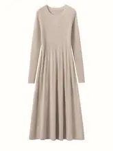 山羊绒製 丸首ロングドレス【高ウエスト・Aライン・通勤用】