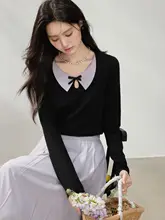 バイカラー蝶結びデザインの黒いボックスTシャツ【長袖・ダークカラー・女性用】