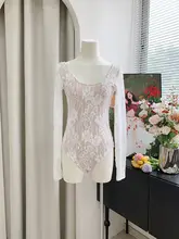 レースボディースーツ【女性用・長袖・白・スタイリッシュデザイン】（セットアップ対応）