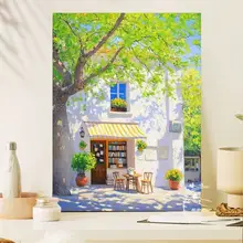 午後の陽射しの爽やかな癒しの壁掛けアート【海辺の書店風景・リビングや寝室に最適】