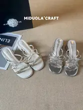 羊皮製 水晶装飾の美しいサンダル【夏用・高ヒール・大きいサイズ・オープントゥ】