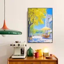 午後の陽射しの爽やかな癒しの壁掛けアート【海辺の書店風景・リビングや寝室に最適】