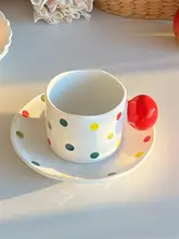 ヴィンテージ風カラフルドット柄陶器カフェカップ＆ソーサー【ラテアート・家庭用・アフタヌーンティー用】