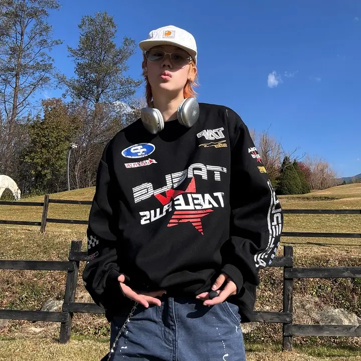 春季新作 アメリカンストリートバイカープリント 長袖Tシャツ【ユニセックス・ルーズフィット・クルーネック】（セットアップ対応）