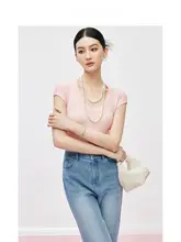 MandyZhang 天絲コットンシルク UネックTシャツ【フィット＆ショートスリーブ・フリル袖】