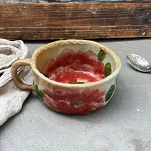 手描き陶器製 スープボウル【持ち手付き・洗面器・くすんだ風合い】