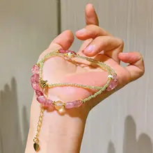 天然オリーブ石とストロベリークリスタルの多宝ネックレス【女性用・カジュアルデザイン・ロングチェーン  】