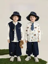 春季向け 幼児用デニムベスト＆シャツ【シンプルなアルファベット・ボタン付き・カジュアル】（セットアップ対応）