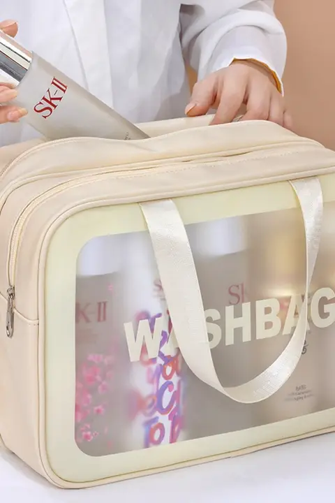PU製 2層構造の旅行用ポータブル収納ポーチ【防水・化粧品用・乾湿分離・トラベル用】