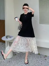 レース切替のブラックTシャツワンピース【リラクシング・フレアスカート・夏用】（セットアップ対応）