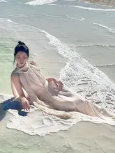 フレンチスタイルのシフォンロングドレス【夏用・バックオープン・ハイウエスト・スリットデザイン】