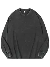 水洗加工のブラックコットン長袖Tシャツ【ゆったりシルエット・秋用・ラウンドネック】