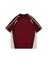 酒紅色のカラーブロック コットン半袖Tシャツ【アメリカンスタイル・ルーズフィット・ラグランスリーブ】