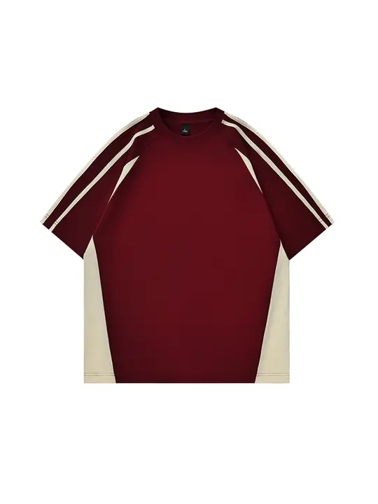 酒紅色のカラーブロック コットン半袖Tシャツ【アメリカンスタイル・ルーズフィット・ラグランスリーブ】