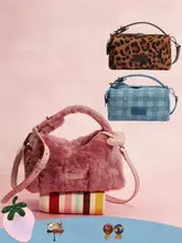 方形の羊羔毛デニムとモヘアのハンドバッグ【通勤用・斜め掛け・ファッショナブル】