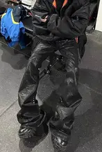 ストリート風デザインのコーティングストレッチ微フレアデニムパンツ【男性用・リボン付き・ロング丈】（セットアップ対応）